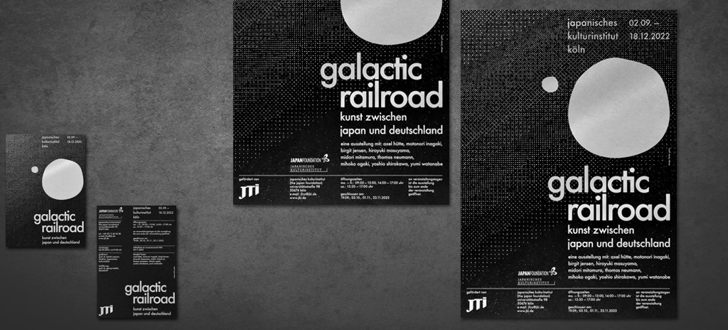 typographic poster and postcard by fjodor gejko - exhibition galactic railroad art between japan and germany japan foundation cologne