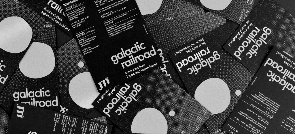 typographic poster and postcard by fjodor gejko - exhibition galactic railroad art between japan and germany japan foundation cologne